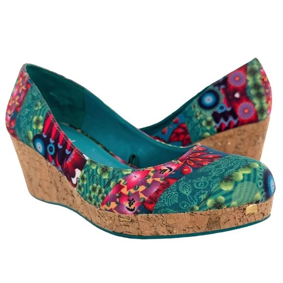 Desigual Wedge Heels Cork Floral Slip On Round Toe Blue Multicolor Womens 5.5‎ - Picture 1 of 12